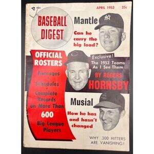 1953 Baseball Digest Rogers Hornsby, Stan Musial, Mickey Mantle Magazine Mick!